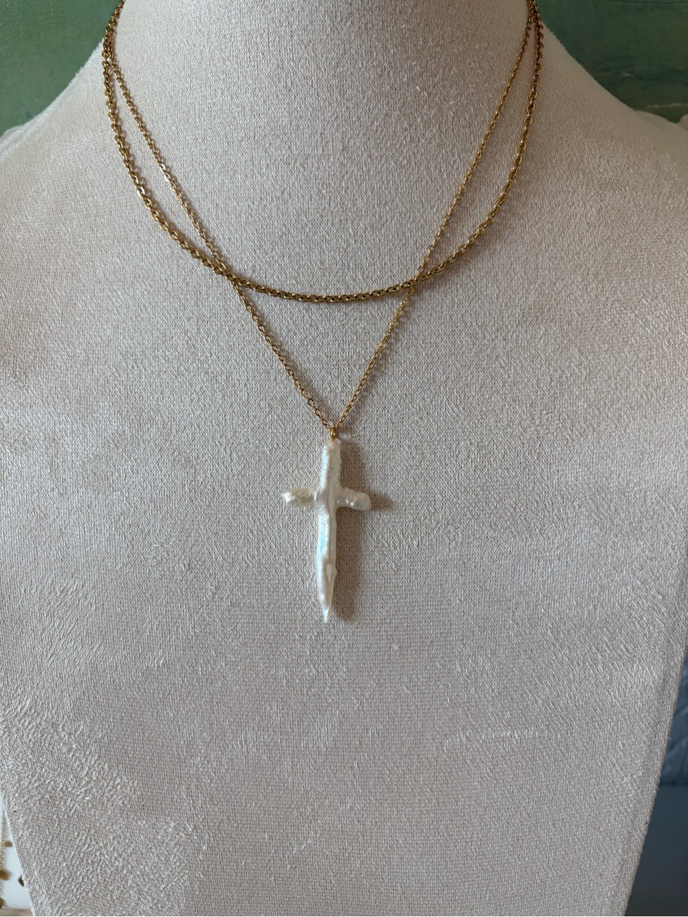 Elle Gold Layered Necklace with White Baroque Pearl Cross